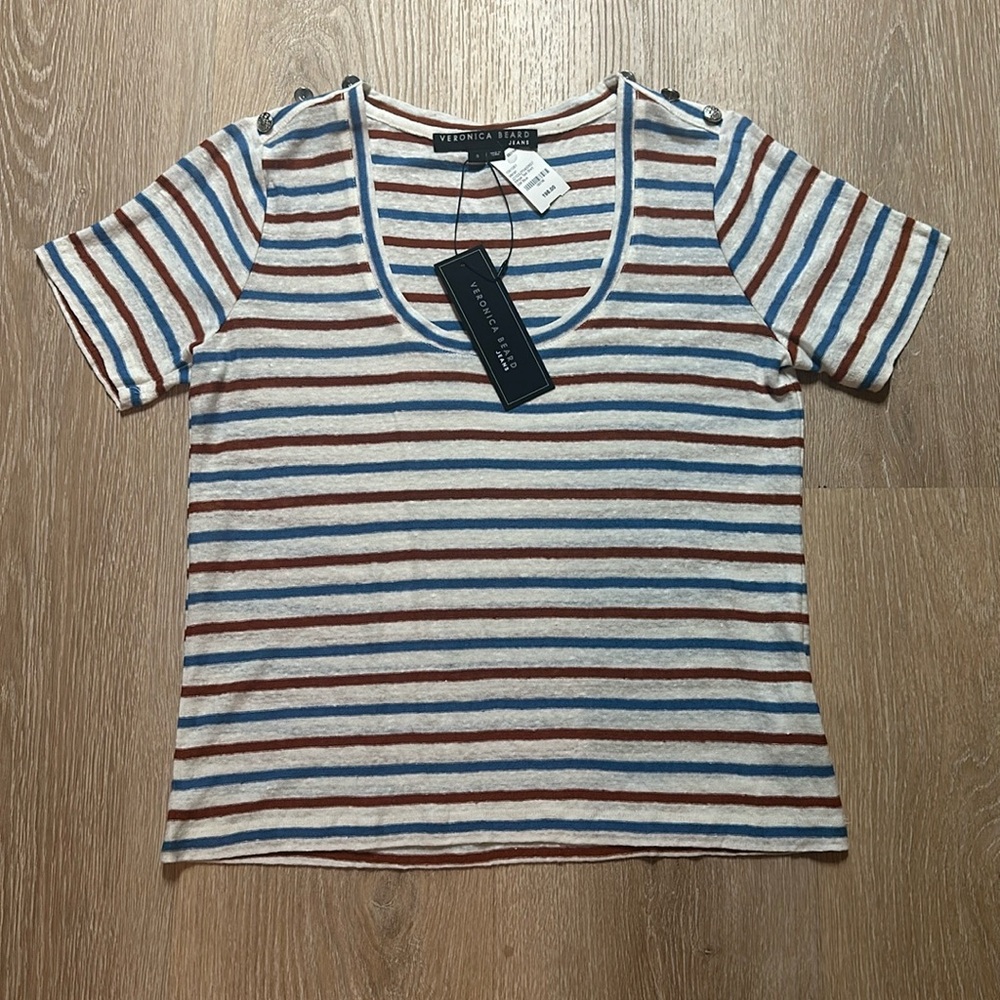 NWT Veronica Beard Jeans Striped Benji Tee w/ Small Studded Buttons